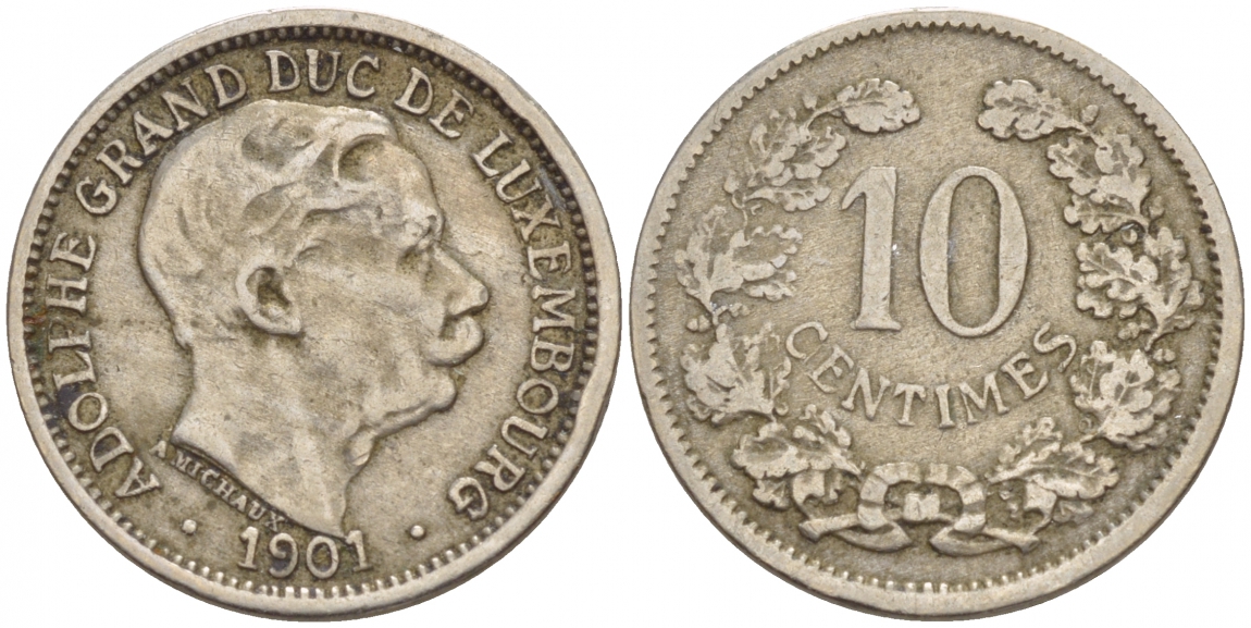 ЛЮКСЕМБУРГ 10 САНТИМОВ 1901 АДОЛЬФ (1890-1905) KM 25 медно-никель 4548-755