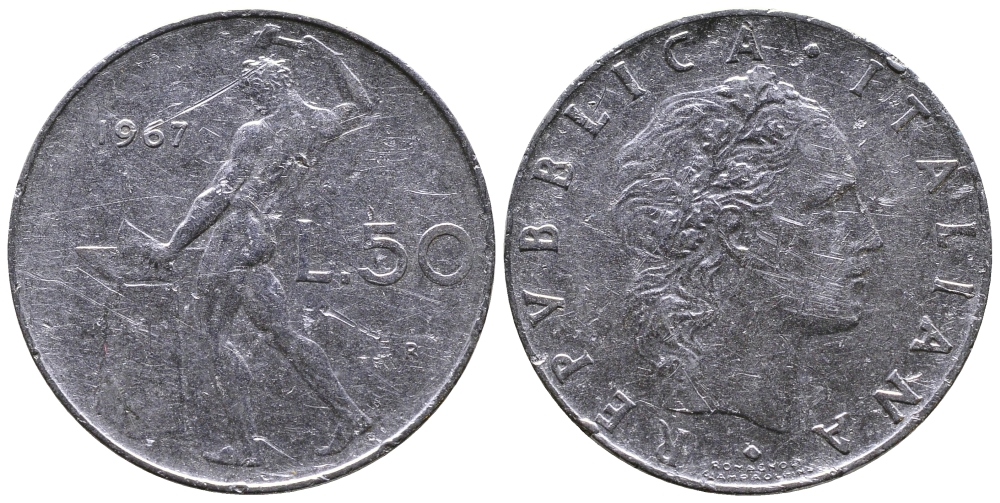 ИТАЛИЯ 50 ЛИР 1967 R, КУЗНЕЦ KM 95.1 сталь 3333-242