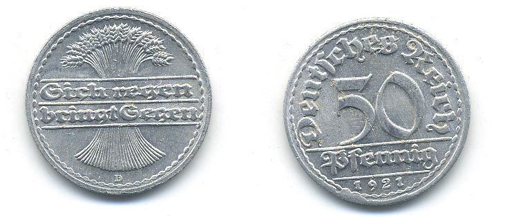 ГЕРМАНИЯ 50 ПФЕННИГОВ 1921 D KM 27, J. 301 алюминий 58-427