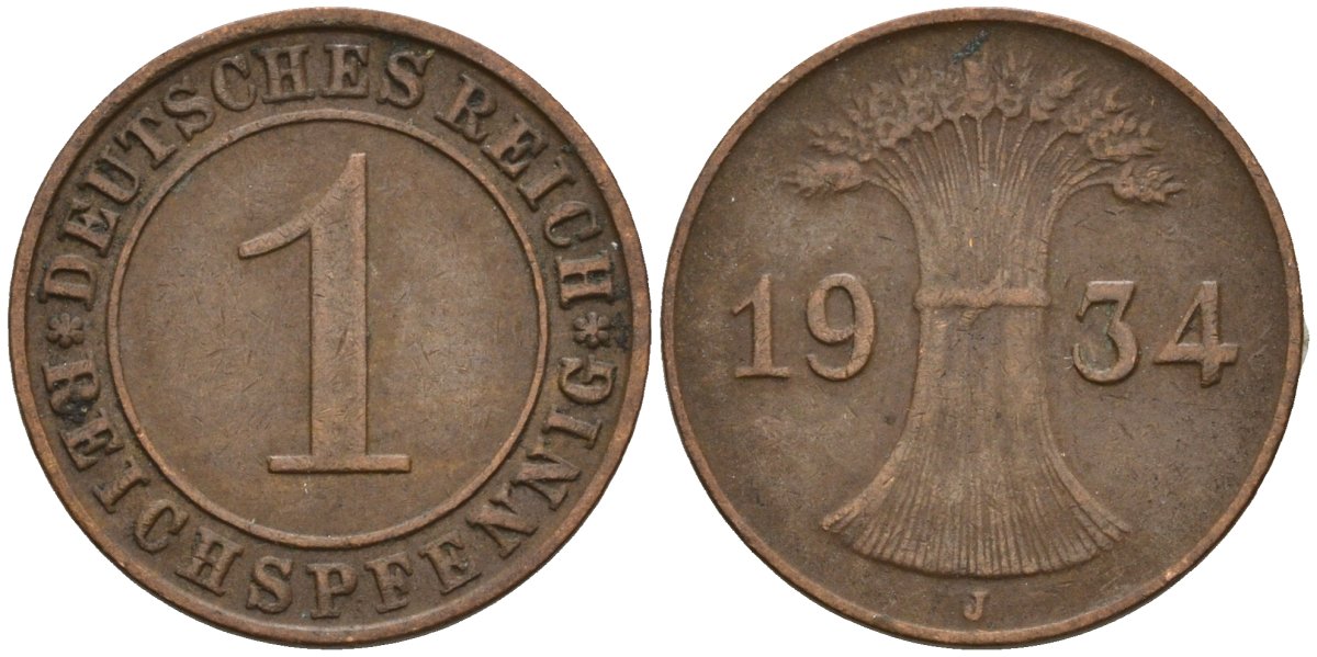 Германия 1 рейхспфенниг 1934 J KM 37, J. 313 бронза 4516-565