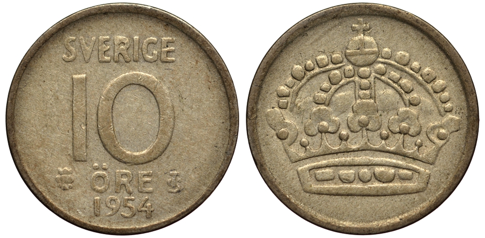 Швеция 10 эре 1954 проба 400, вес 1,44 гр. Густав VI Адольф (1950-1973) KM 823 серебро VF 4181-121
