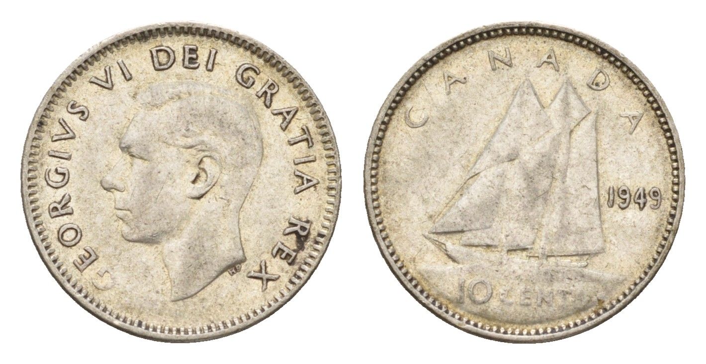 Канада 10 центов 1949 Георг VI (1936-1952), парусник KM 43 серебро 4674-1231