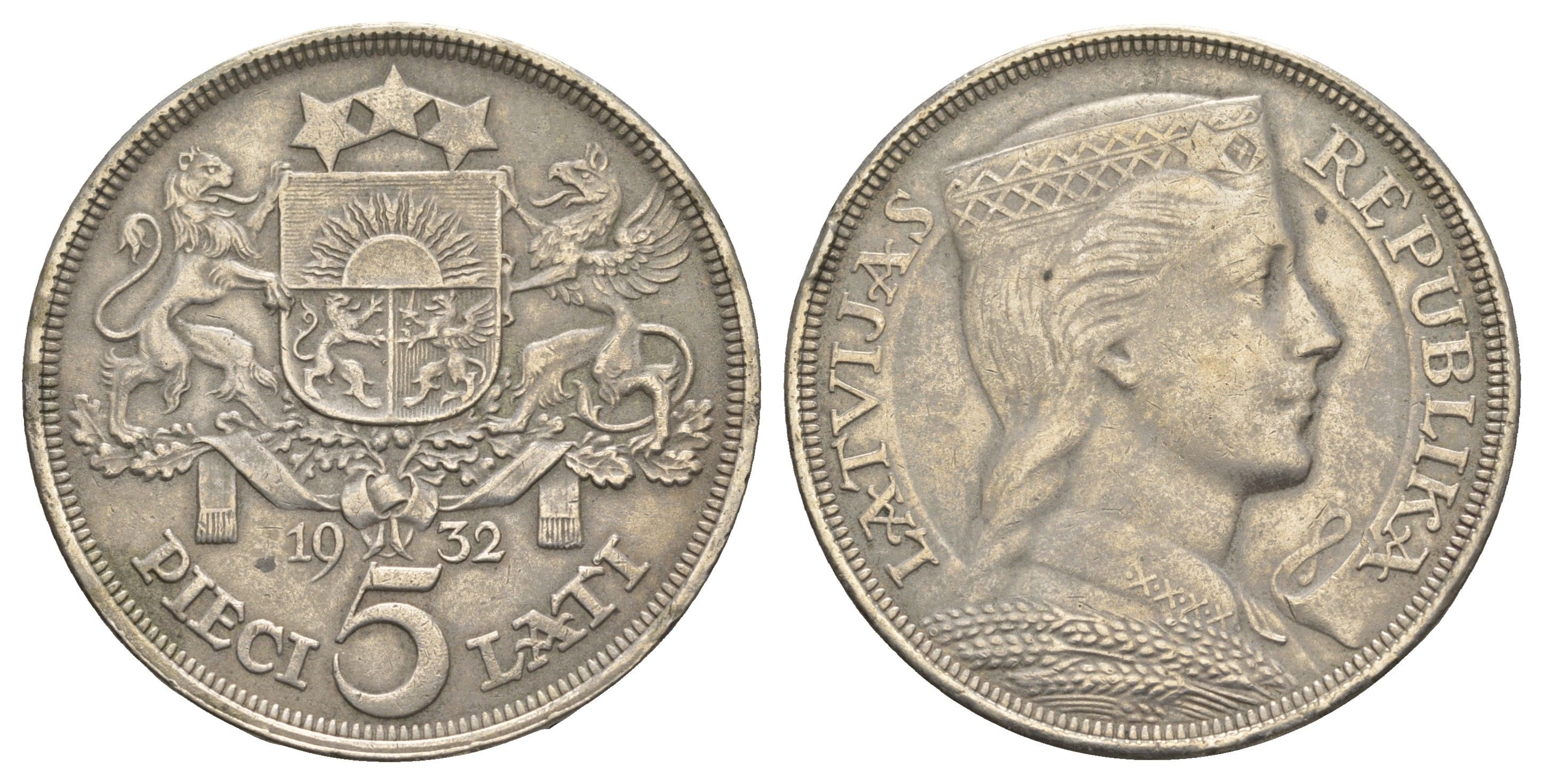 Латвия 5 латов 1932 девушка KM 9 серебро 443-1115