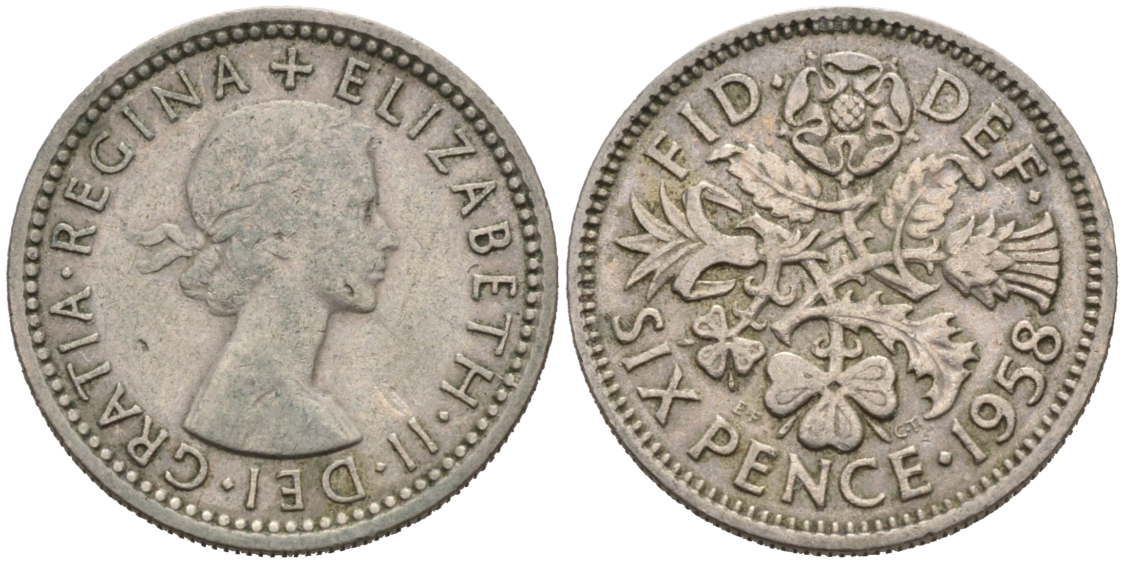 Великобритания 6 пенсов 1958 Елизавета II (1952-2022) KM 903, Spink 4149 медно-никель 75-1537