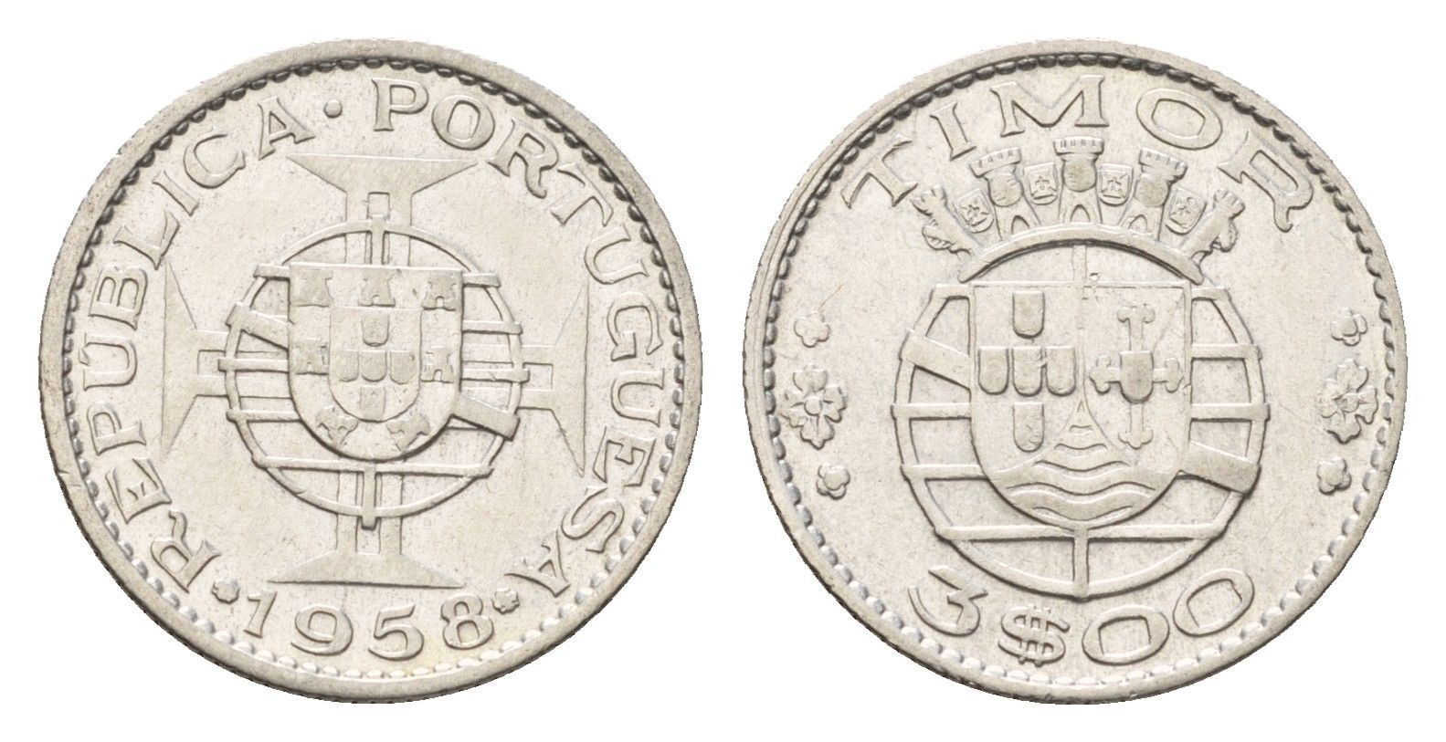 Португальский Тимор 3 эскудо 1958 год-тип KM 14 серебро 4669-815