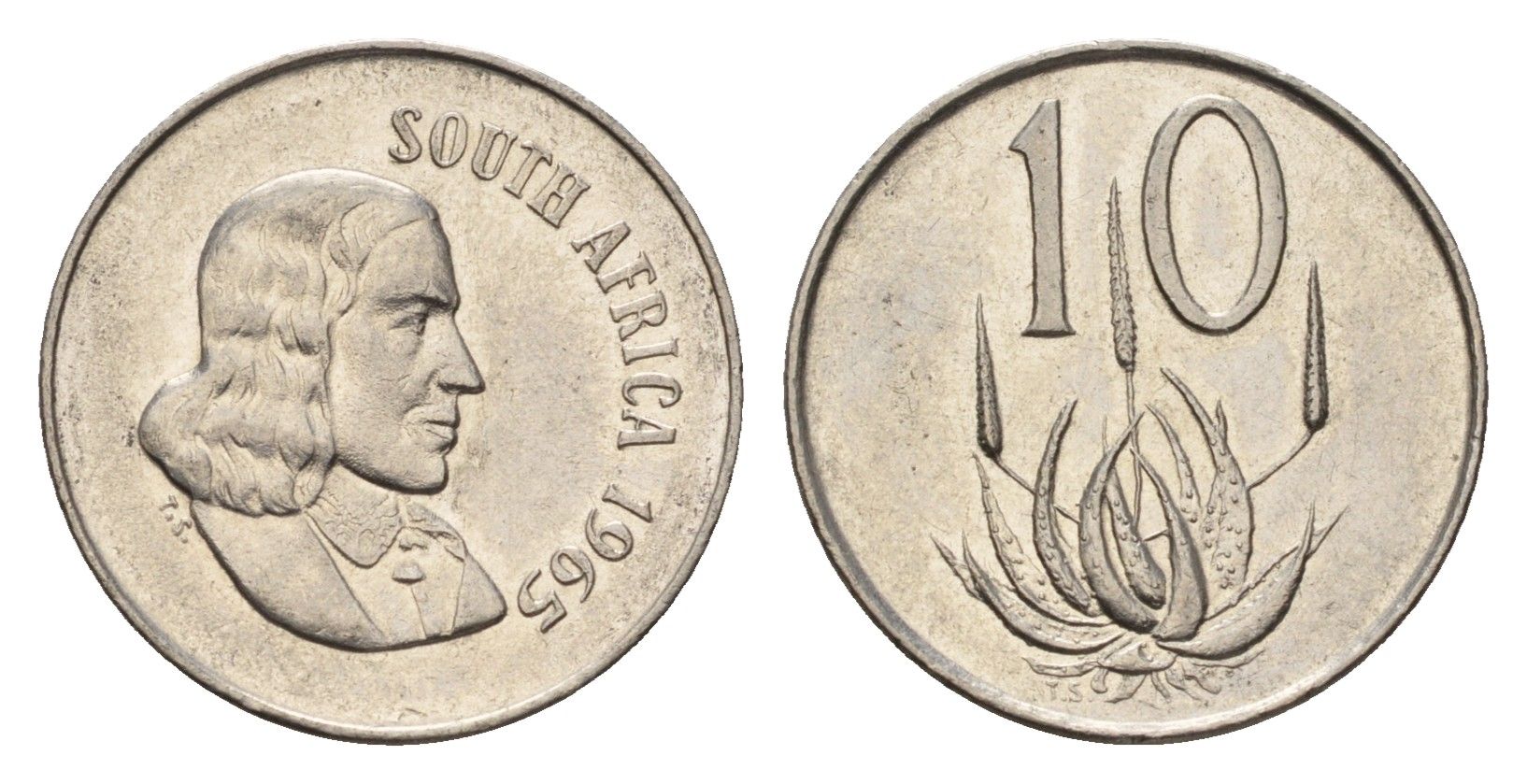 ЮАР 10 центов 1965 Ян ван Рибек (1619-1677), South Africa, легенда на африкаанс, цветок алоэ KM 68.1 никель 4687-326