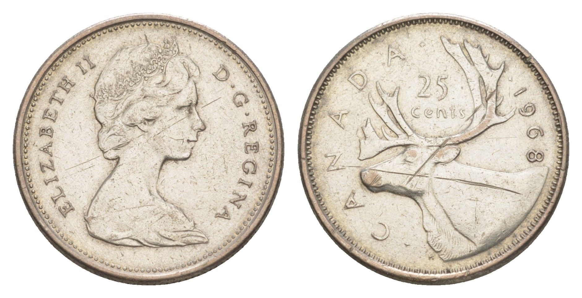 Канада 25 центов 1968 Елизавета II (1952-2022), олень KM 62a серебро 4631-557