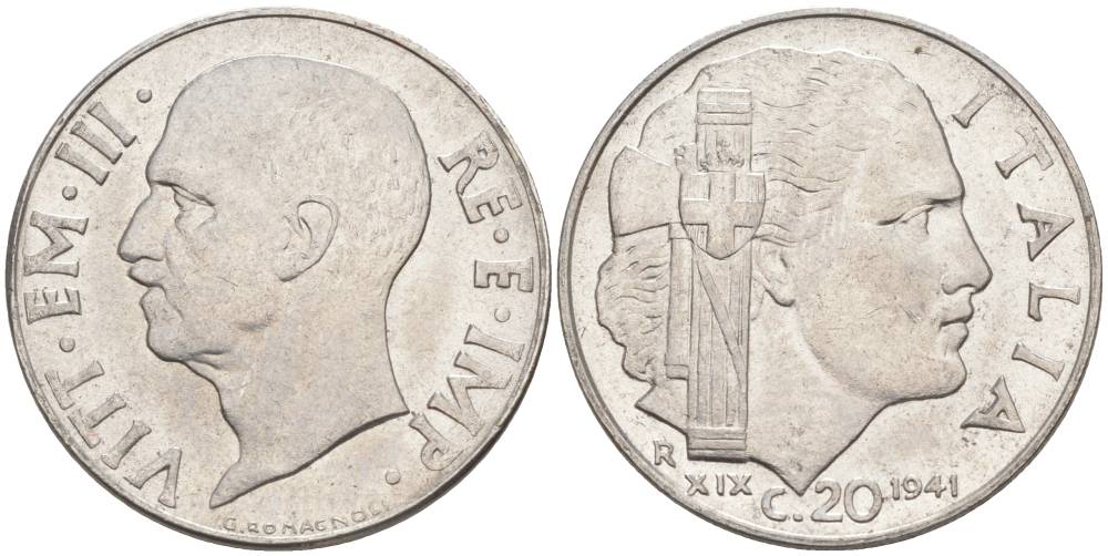 ИТАЛИЯ 20 ЧЕНТЕЗИМО 1941 R, ГОД XIX, ВИКТОР ЭММАНУИЛ III (1900-1946) KM 75b, VEM3. 1028 нержавеющая сталь 3853-924