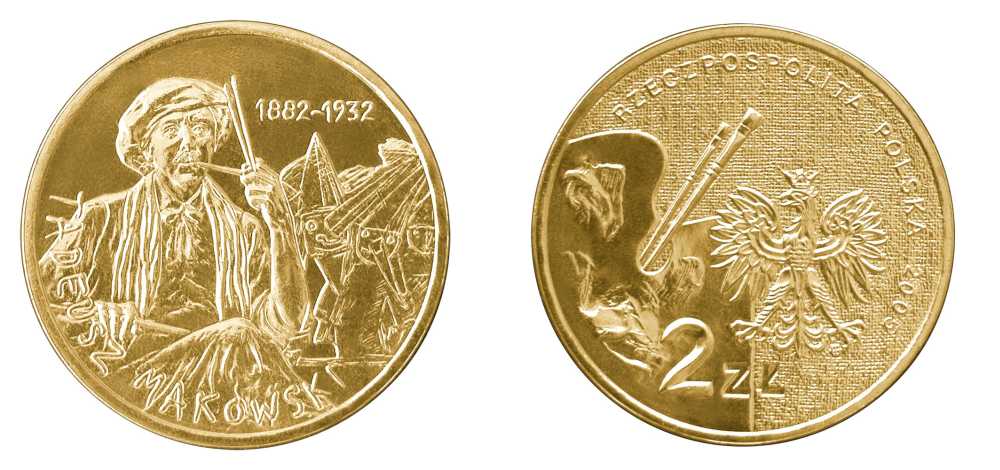 Польша 2 злотых 2005 MW, серия польские художники, Тадеуш Маковский (1882-1932) KM 541, Parchimowicz 961 латунь UNC 603-931