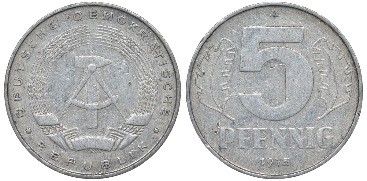 ГДР 5 пфеннигов 1975 A KM 9.1 алюминий 62-253