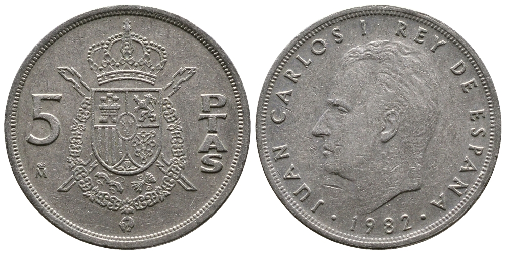 ИСПАНИЯ 5 ПЕСЕТ 1982 ХУАН КАРЛОС KM 823 медно-никель 4110-1522
