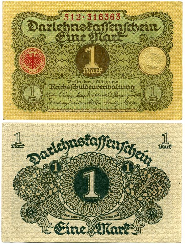 ГЕРМАНИЯ 1 МАРКА 1920 1 МАРТА 1920, ВЕЙМАРСКАЯ РЕСПУБЛИКА Pick 58 бумага 7548-20-1-1