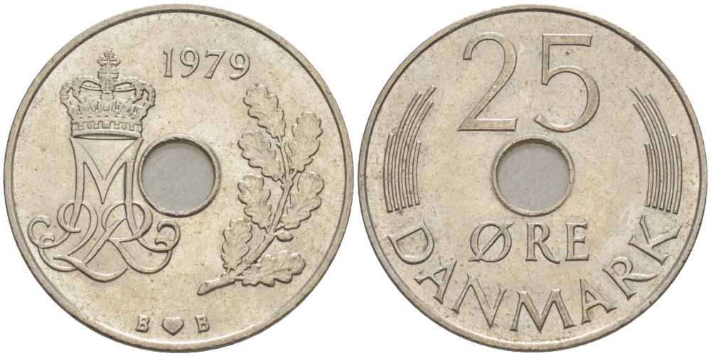ДАНИЯ 25 ЭРЕ 1979 B; B, МАРГРЕТЕ II (1972-) KM 861.2 медно-никель 94-754