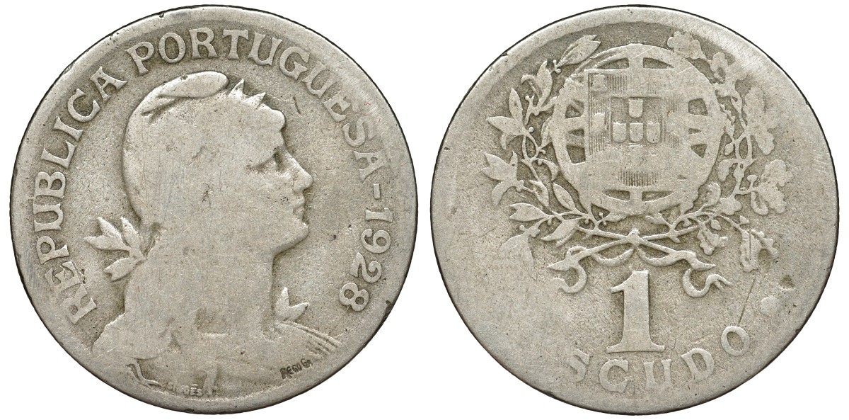 Португалия 1 эскудо 1928 KM 578 медно-никель 51-3715