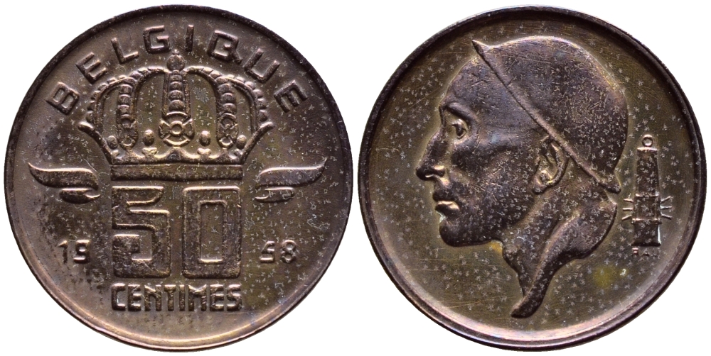 БЕЛЬГИЯ 50 САНТИМОВ 1958 BELGIQUE KM 148.1 бронза 4392-828
