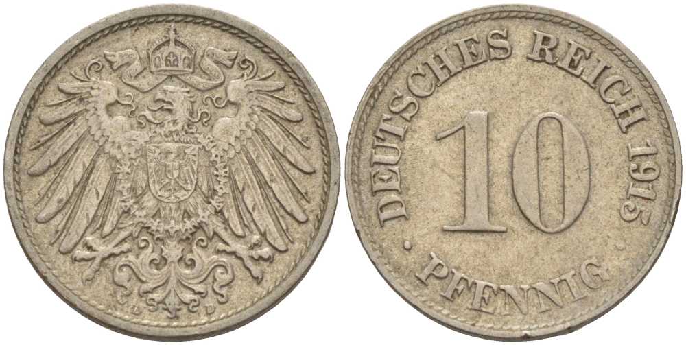 ГЕРМАНИЯ 10 ПФЕННИГОВ 1915 D KM 12, J. 13 медно-никель 08-1342