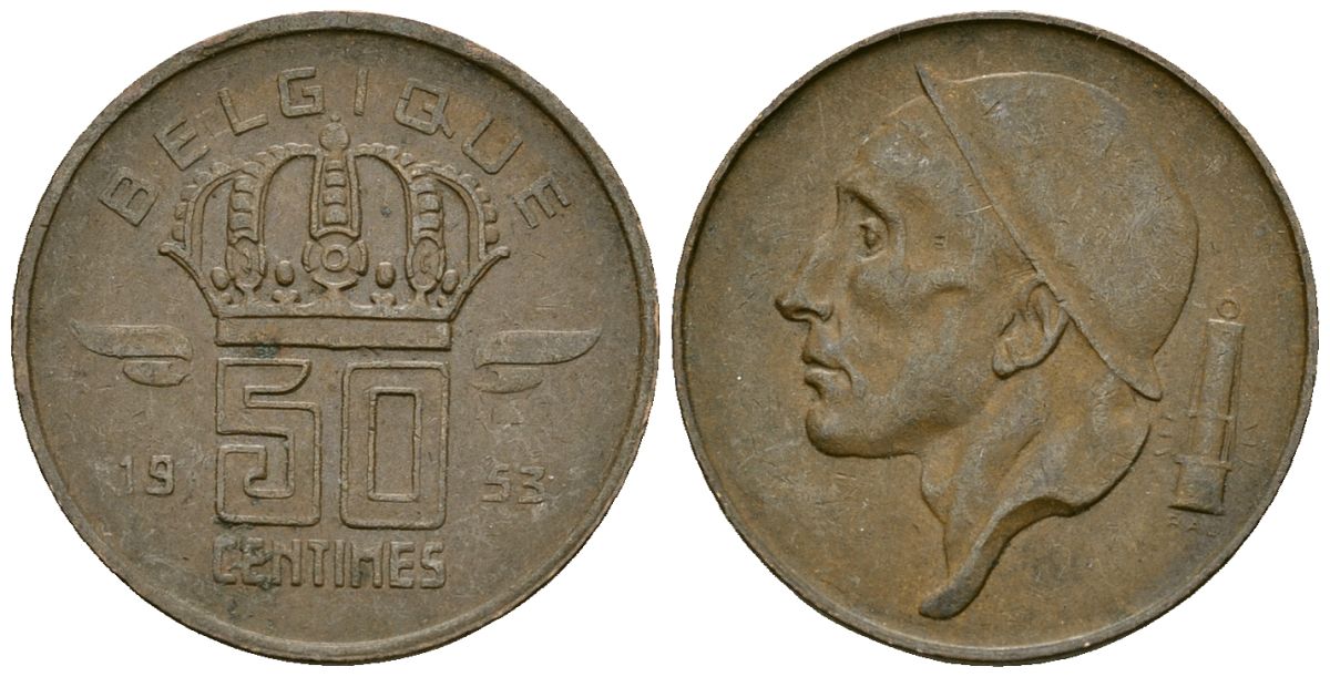Бельгия 50 сантимов 1953 BELGIQUE KM 144 бронза 4164-1039