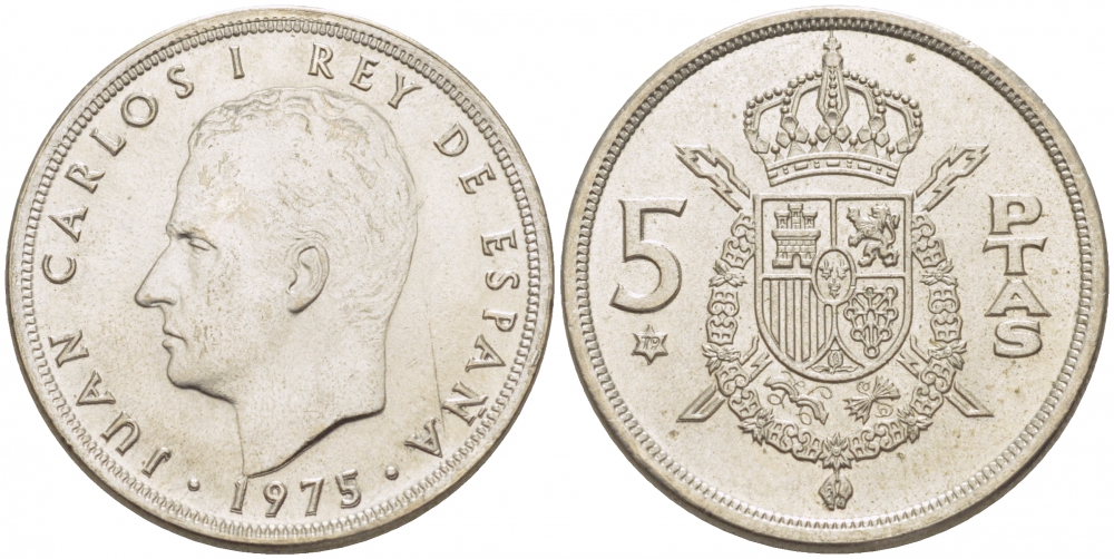 ИСПАНИЯ 5 ПЕСЕТ 1975 ХУАН КАРЛОС I KM 807 медно-никель 3457-722