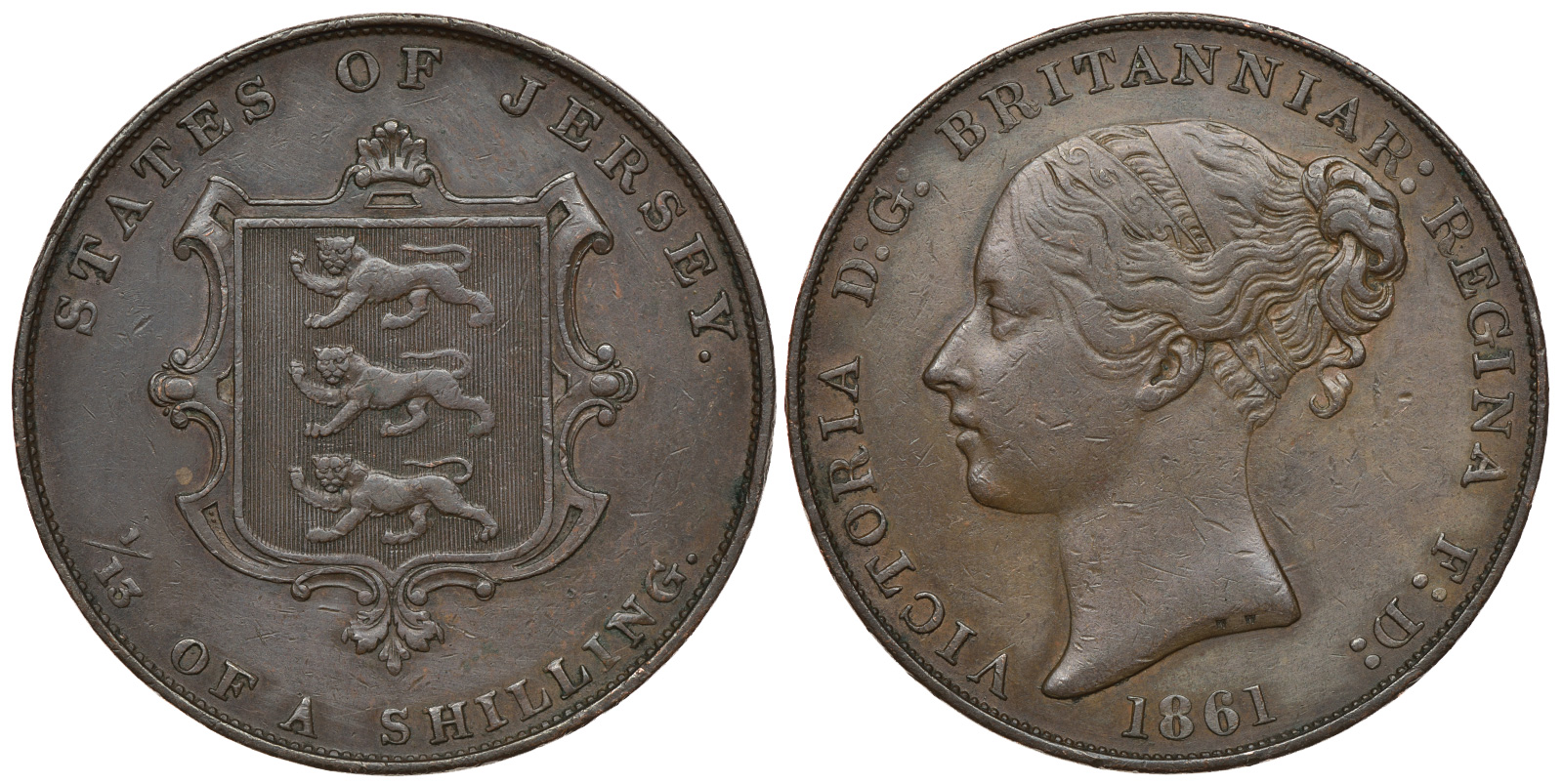 Джерси 1/13 шиллинга 1861 Виктория (1837-1901), большой формат KM 3 медь 650-232