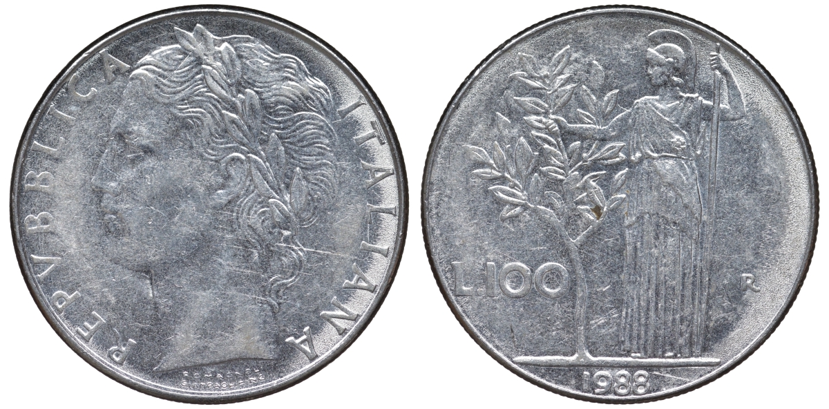 Италия 100 лир 1988 R KM 96.1 нержавеющая сталь 4590-1226