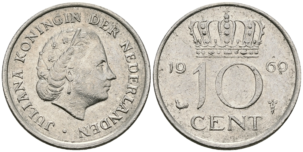 Нидерланды 10 центов 1969 Юлиана (1948-1980) KM 182 никель 96-343