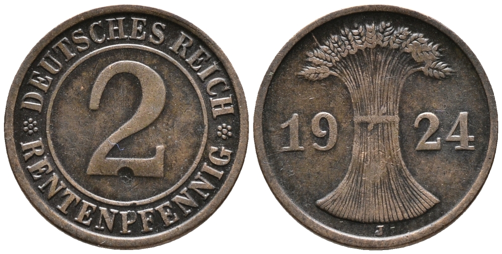 ГЕРМАНИЯ 2 РЕНТЕНПФЕННИГА 1924 J KM 31, J. 307 бронза 24-544