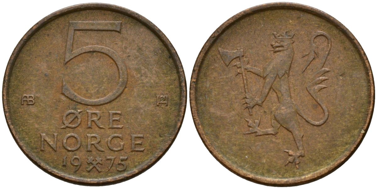 Норвегия 5 эре 1975 Улаф V (1958-1991) KM 415 бронза 4152-452