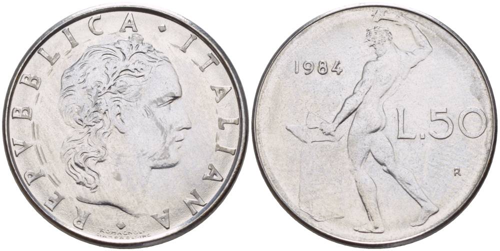 ИТАЛИЯ 50 ЛИР 1984 R, БОГ ОГНЯ ВУЛКАН У НАКОВАЛЬНИ KM 95.1 нержавеющая сталь 4551-414