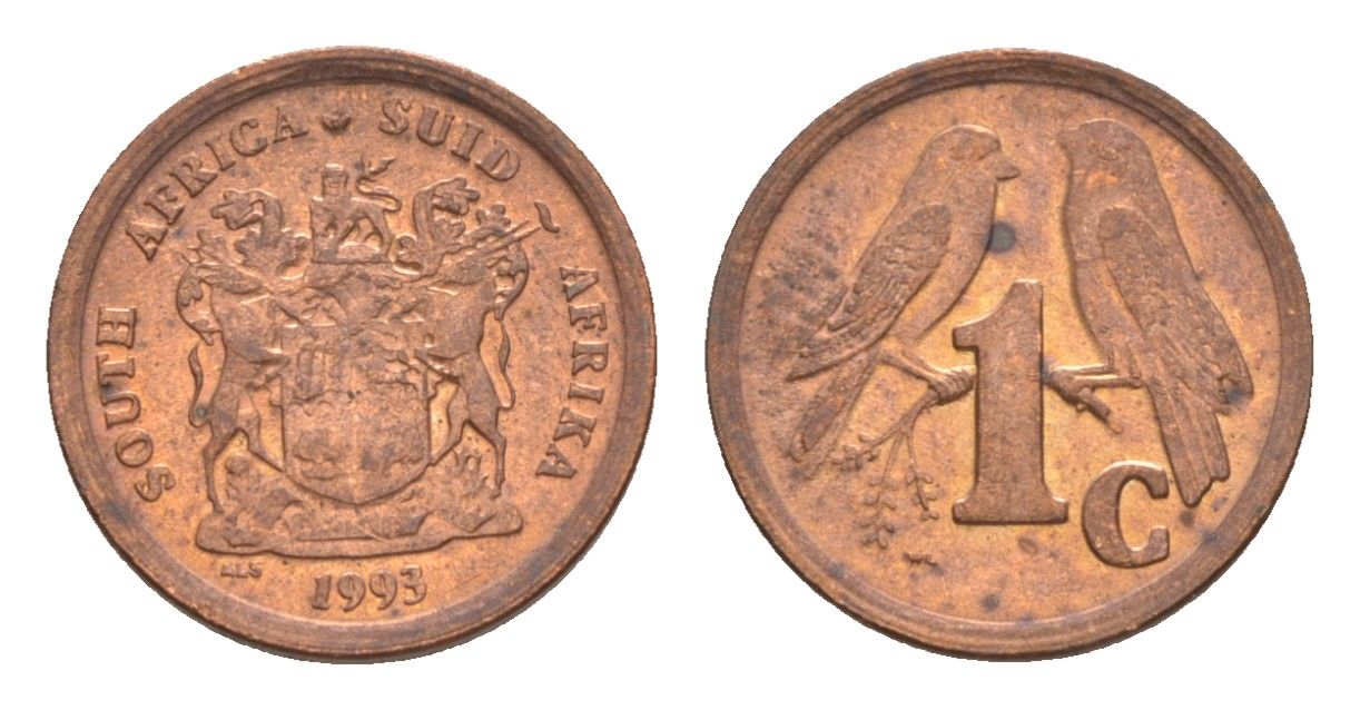 ЮАР 1 цент 1993 герб, капские воробьи KM 132 сталь плакированная медью UNC 4608-953