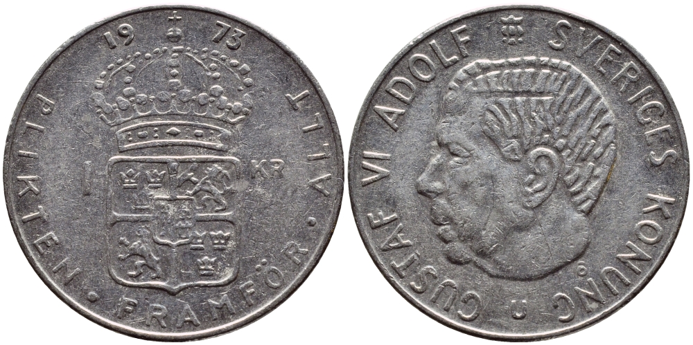 Швеция 1 крона 1973 Густав VI Адольф (1950-1973) KM 826а медь плакированная медно-никелем 4395-1125