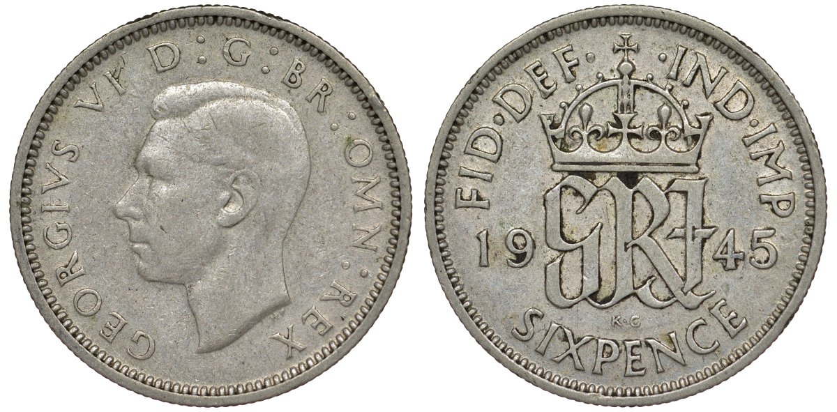 Великобритания 6 пенсов 1945 Георг VI (1936-1952) KM 852, Spink 4084 серебро 4128-817