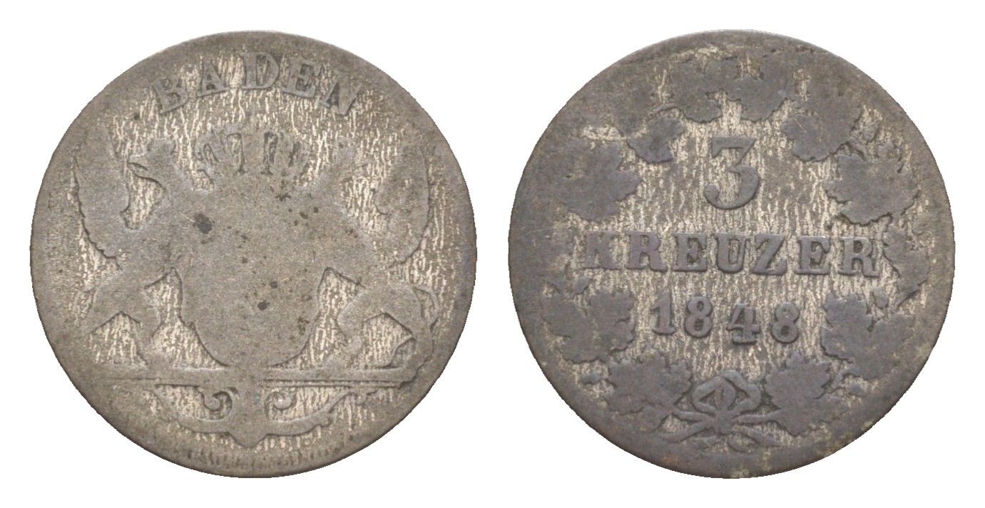 Баден 3 крейцера 1848 Леопольд (1830-1852) KM 211 серебро 4604-947