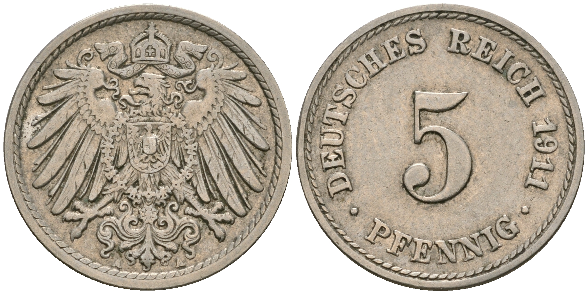 Германия 5 пфеннигов 1911 A KM 11, J. 12, Weege 6 медно-никель 08-1353
