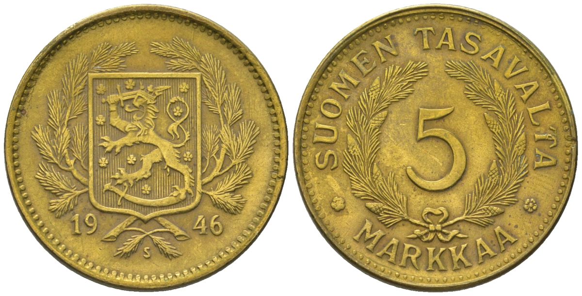 Финляндия 5 марок 1946 S KM 31a латунь 4586-142