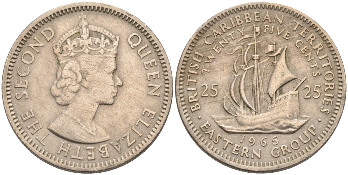 Британские Восточно-Карибские территории 25 центов 1965 Елизавета II (1952-2022), парусник KM 6 медно-никель 4575-1036