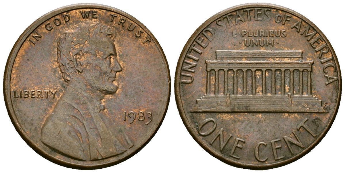 США 1 цент 1983 Линкольн KM 201b цинк плакированный медью 4136-232