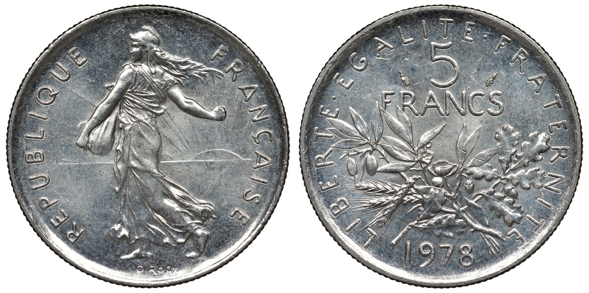 Франция 5 франков 1978 сеятель KM 926а.1, Le Franc 341.10 никель плакированный медно-никелем 4123-513