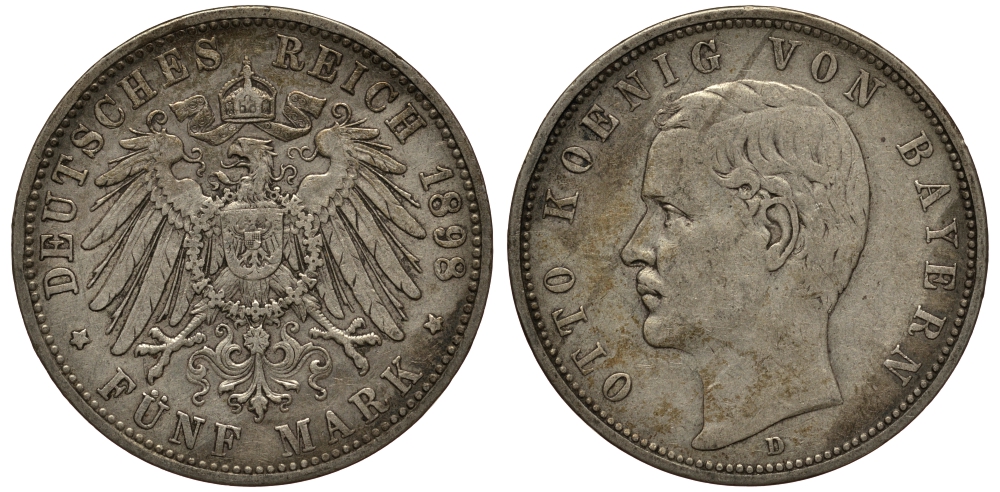 Бавария 5 марок 1898 D, Отто (1886-1913) Weege 47, J. 46, KM 512.1 серебро 3711-1421