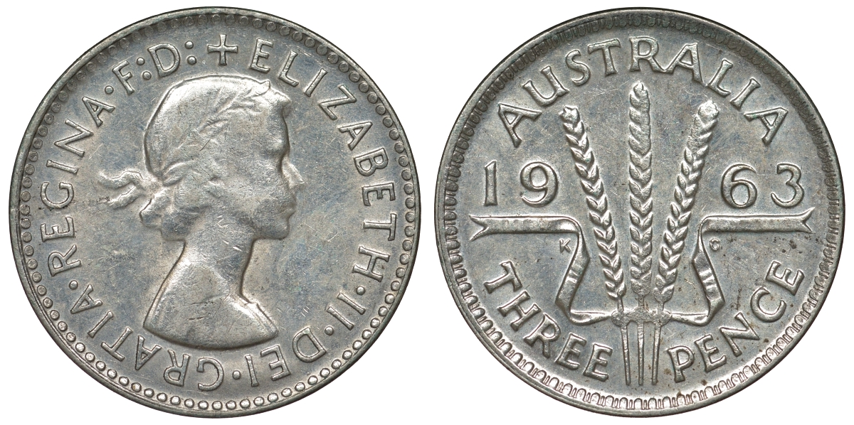 Австралия 3 пенса 1963 m, Елизавета II (1952-2022) KM 57 серебро 71-865