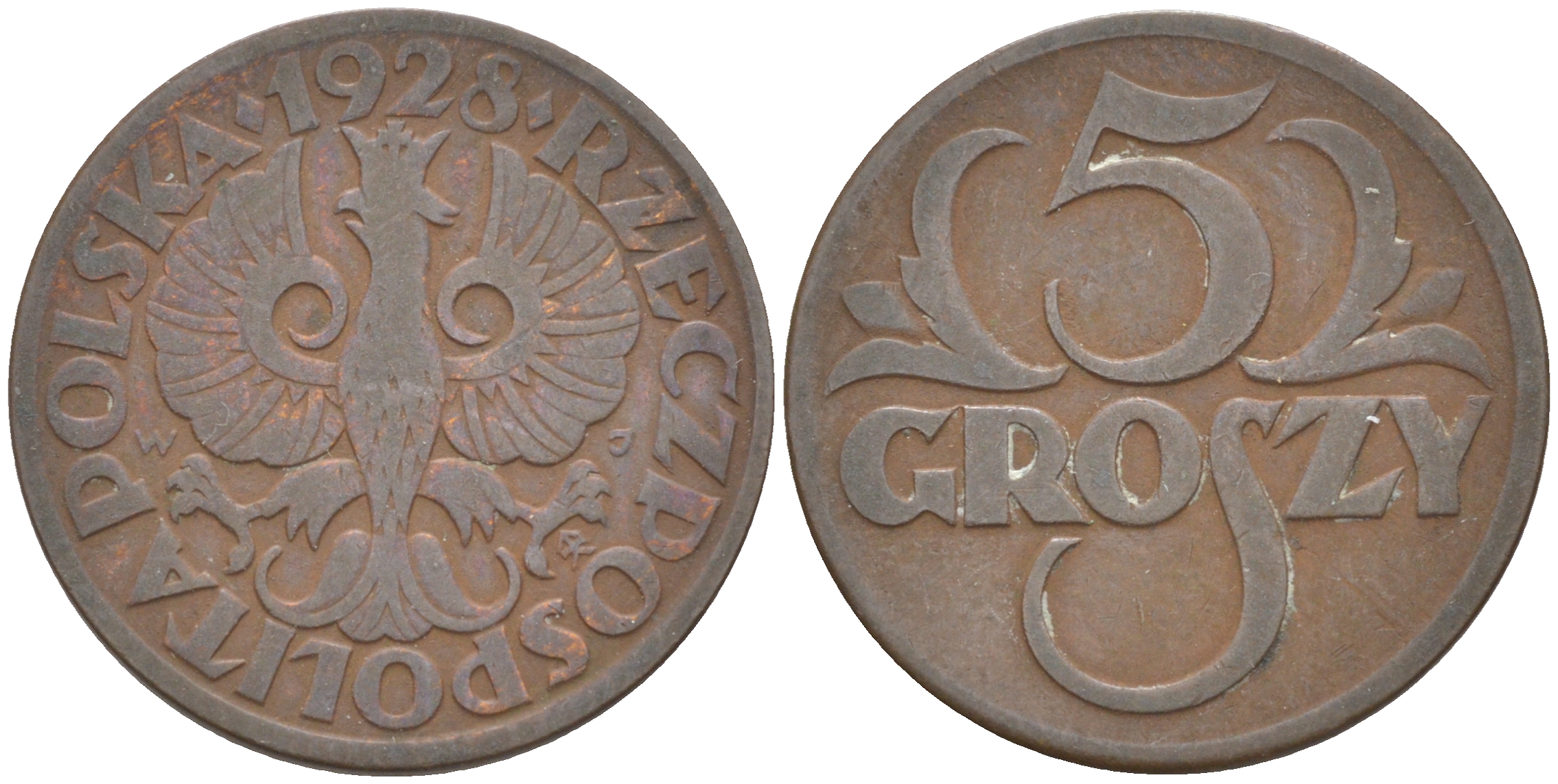 ПОЛЬША 5 ГРОШЕЙ 1928 w KM 10a бронза 187-568