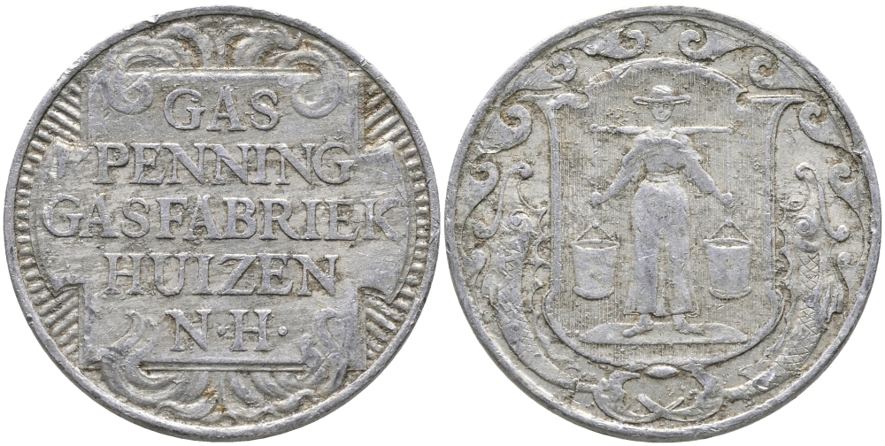 НИДЕРЛАНДЫ ЖЕТОН ND ХЁЙЗЕН ГАЗ ПФЕННИГ, ГАЗОВАЯ ФАБРИКА HUIZEN N.H., ДИАМЕТР 23,5 ММ. алюминий 65-1115