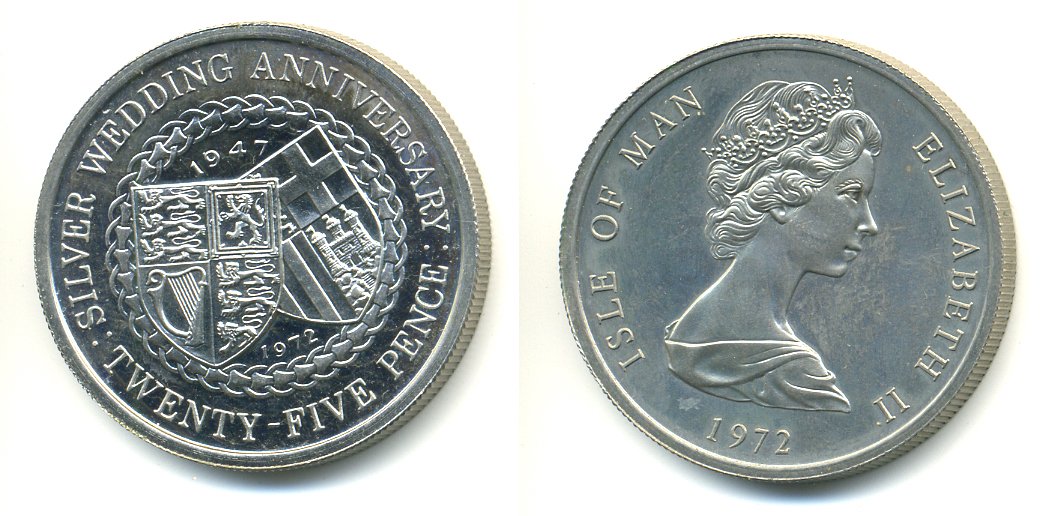 Остров Мэн 25 пенсов 1972 25 лет свадьбы Елизаветы II и Филиппа, гербы КМ 25 медно-никель BU 58-614