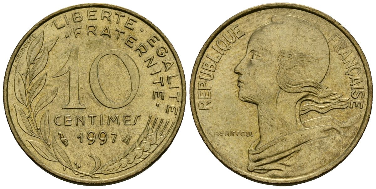 Франция 10 сантимов 1997 тип Marianne KM 929 алюминиевая бронза 4136-435