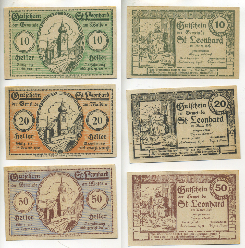 Австрия набор из 3 банкнот 1920 до 30 декабря 1920, нотгельд, 10, 20, 50 геллеров, ST. LEONHARD am WALDE   бумага  aUNC  7555-2-4-2