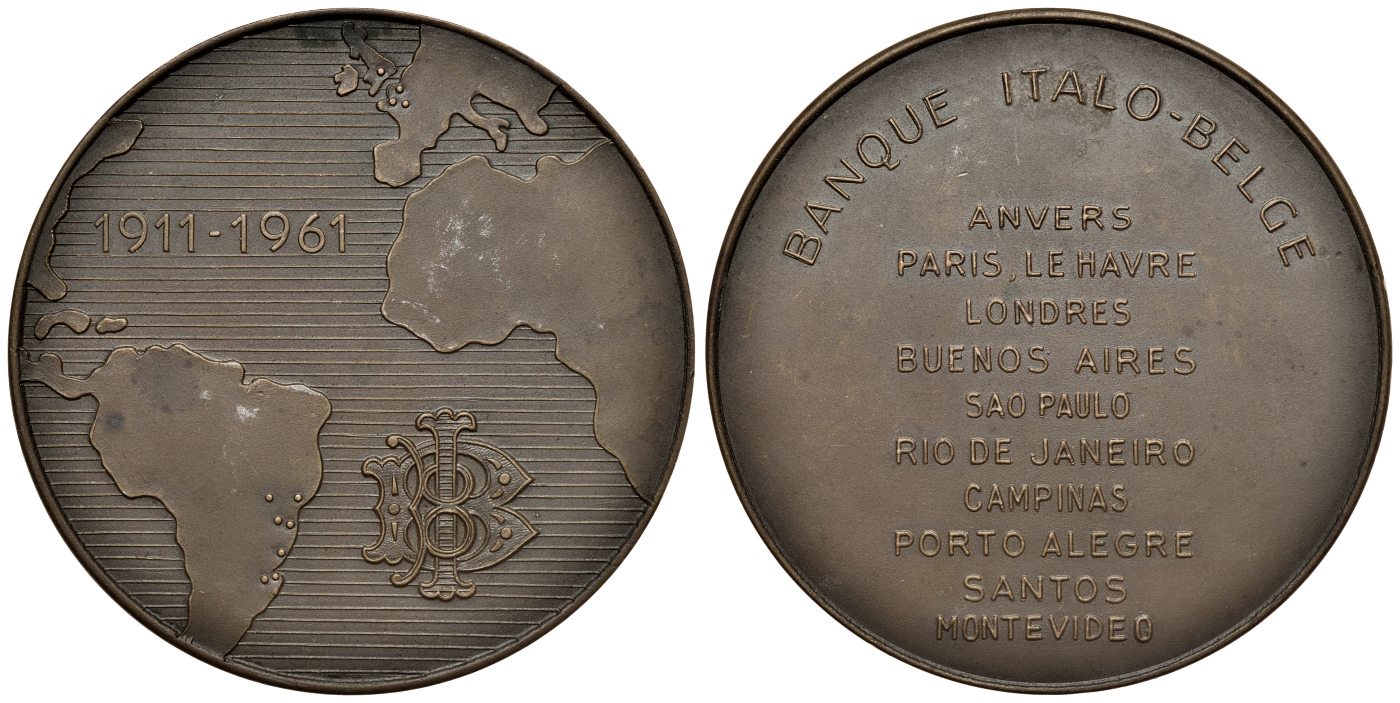 БЕЛЬГИЯ МЕДАЛЬ 1961 50 ЛЕТ ИТАЛО-БЕЛЬГИЙСКОМУ БАНКУ, ГОРОДА ФИЛИАЛОВ, КАРТА, ДИАМЕТР 60 ММ., ВЕС 84,14 ГР. бронза 01-169-12-1