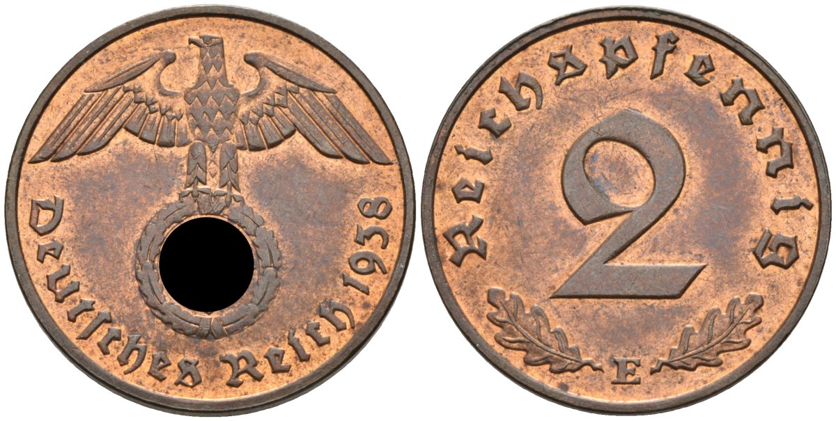 Германия 2 рейхспфеннига 1938 E KM 90, J.362 медь 4584-546