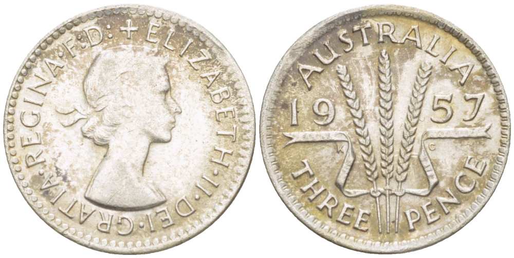 Австралия 3 пенса 1957 m, Елизавета II (1952-2022) KM 57 серебро 4516-151