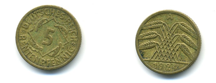 ГЕРМАНИЯ 5 РЕНТЕНПФЕННИГОВ 1924 А, KM 32, J. 308 алюминиевая бронза 80-756