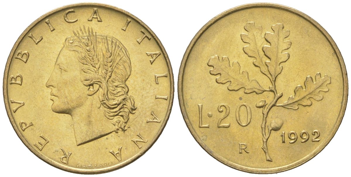 Италия 20 лир 1992 R KM 97 алюминиевая бронза UNC 4617-942
