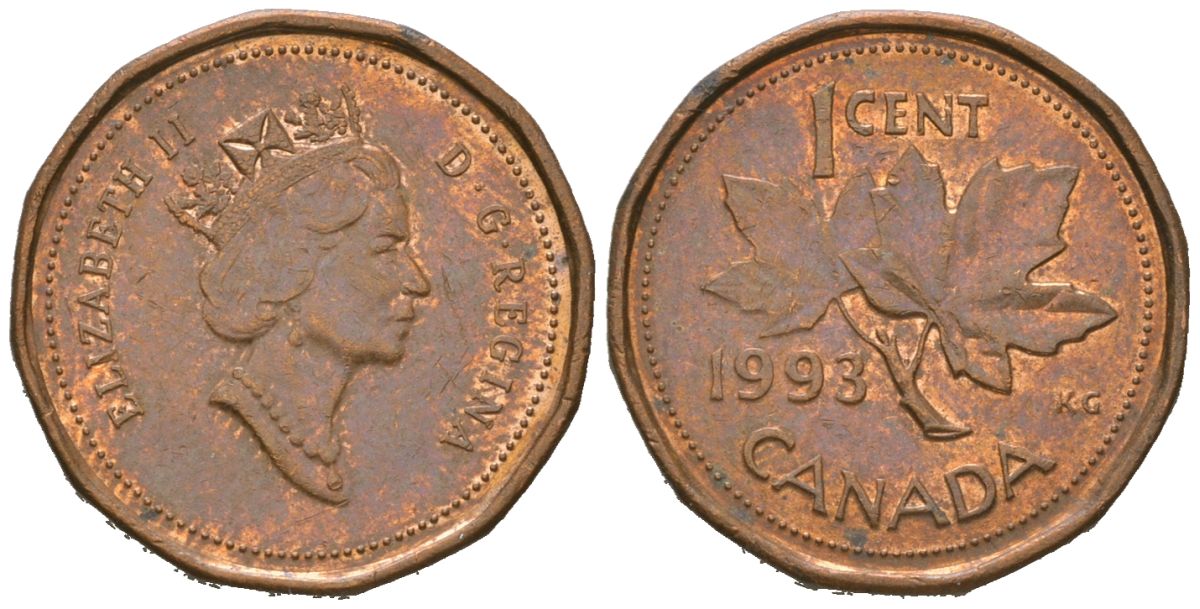 Канада 1 цент 1993 Елизавета II (1952-2022), кленовый лист KM 181 бронза 4621-356